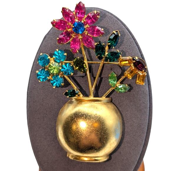 VTG Mid-Century Multi-Color Glass Stone Flowers in Gold Tone Flower Pot Brooch - Picture 9 of 9
